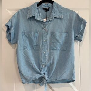 Sim & Sam Light Denim Button-Up Tie Front Shirt